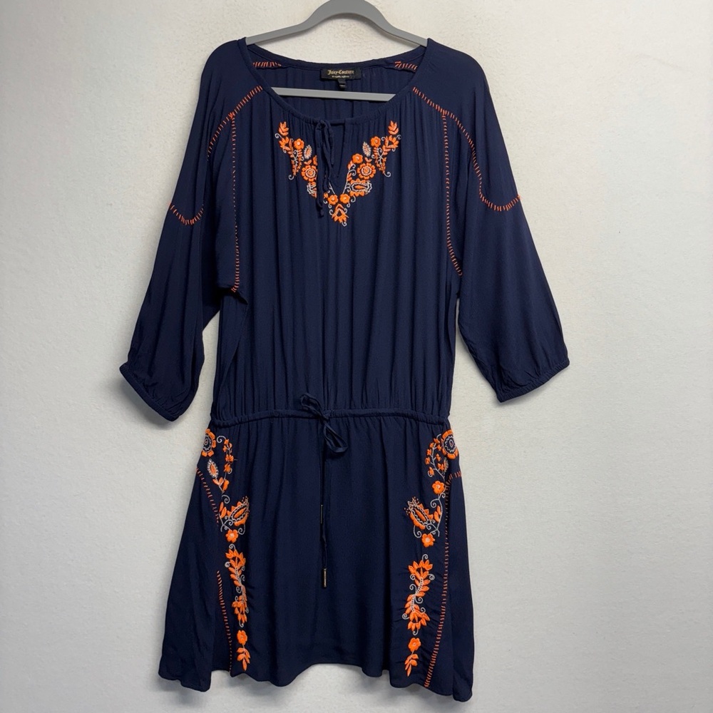Juicy Couture Mini Dress 3/4 Sleeve Floral Embroidered‎ Navy Blue Peasant